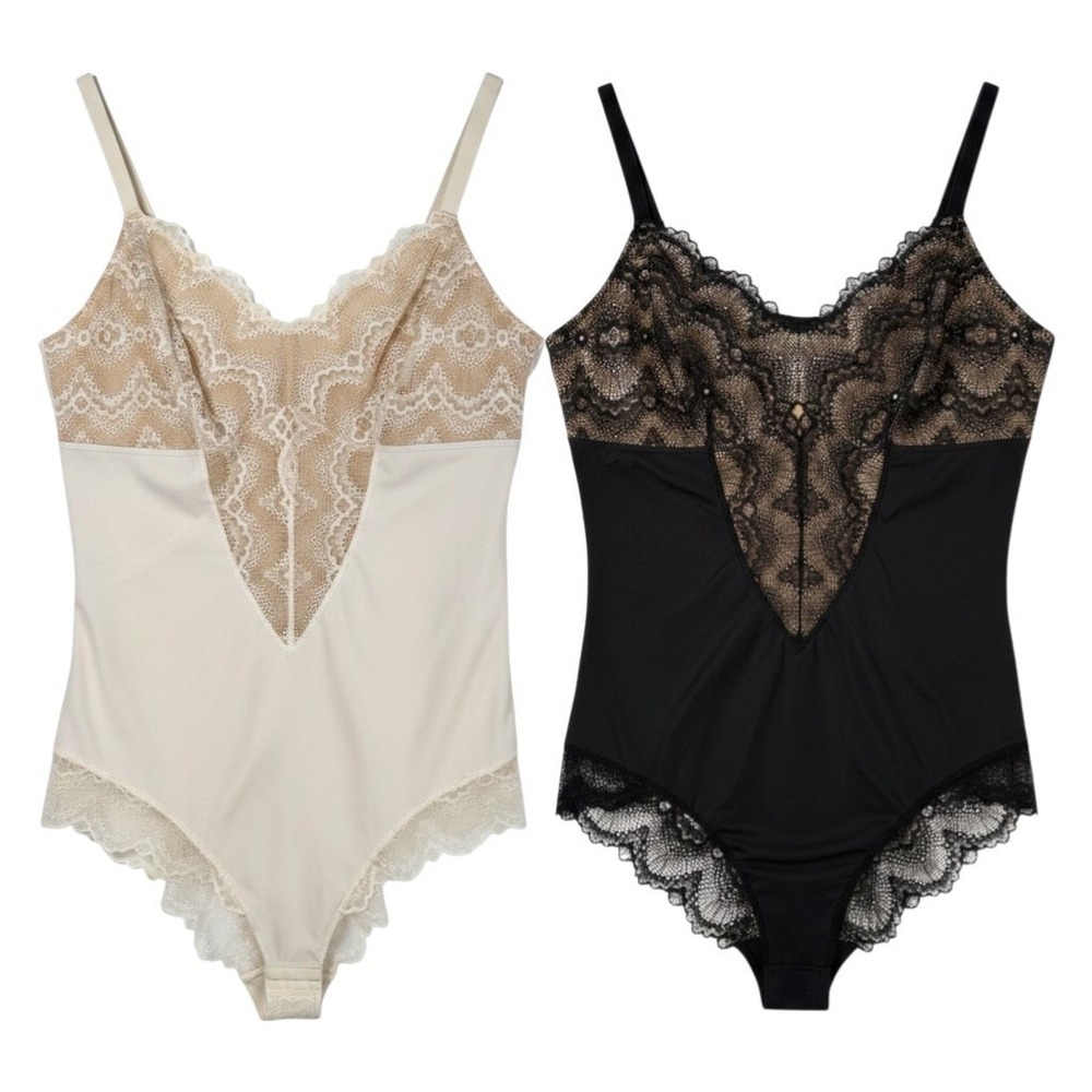 Pinsy Shapewear Bodysuit Women 2X Long Black+Cream Lace Set of 2 Smoothing